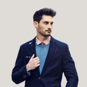 Navy Blue Blazer with Sweater Layering