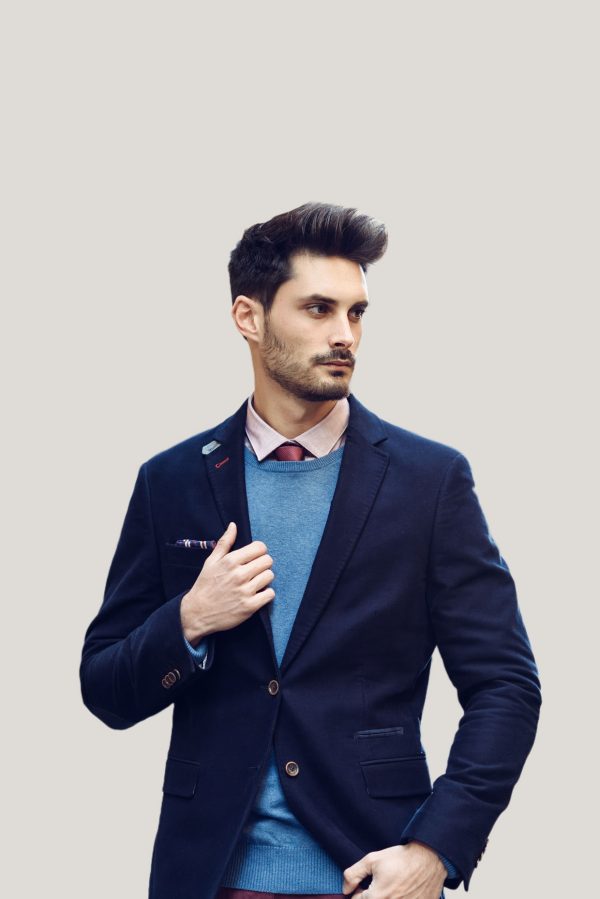 Navy Blue Blazer with Sweater Layering - Image 2